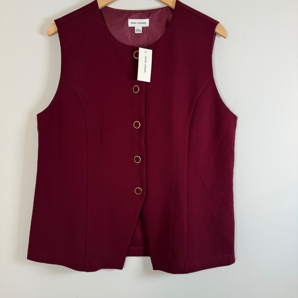 NEW SOHO Apparel Button Front Vest Large Burgundy Business Career Office Lined